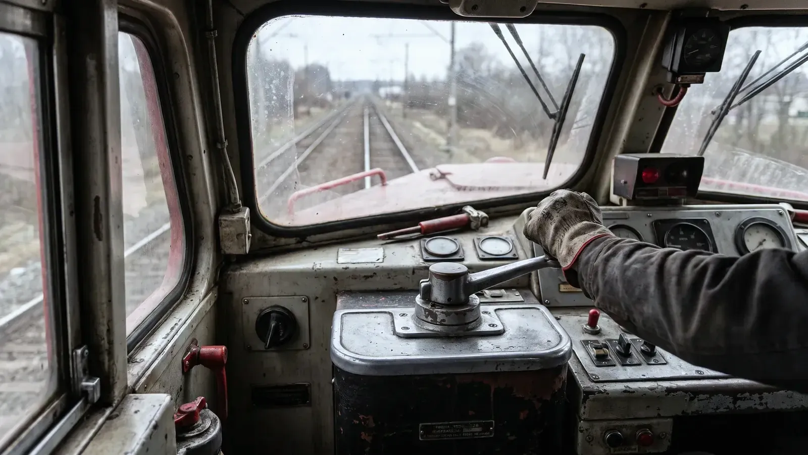A locomotive engineer's hand on the throttle in a diesel cab