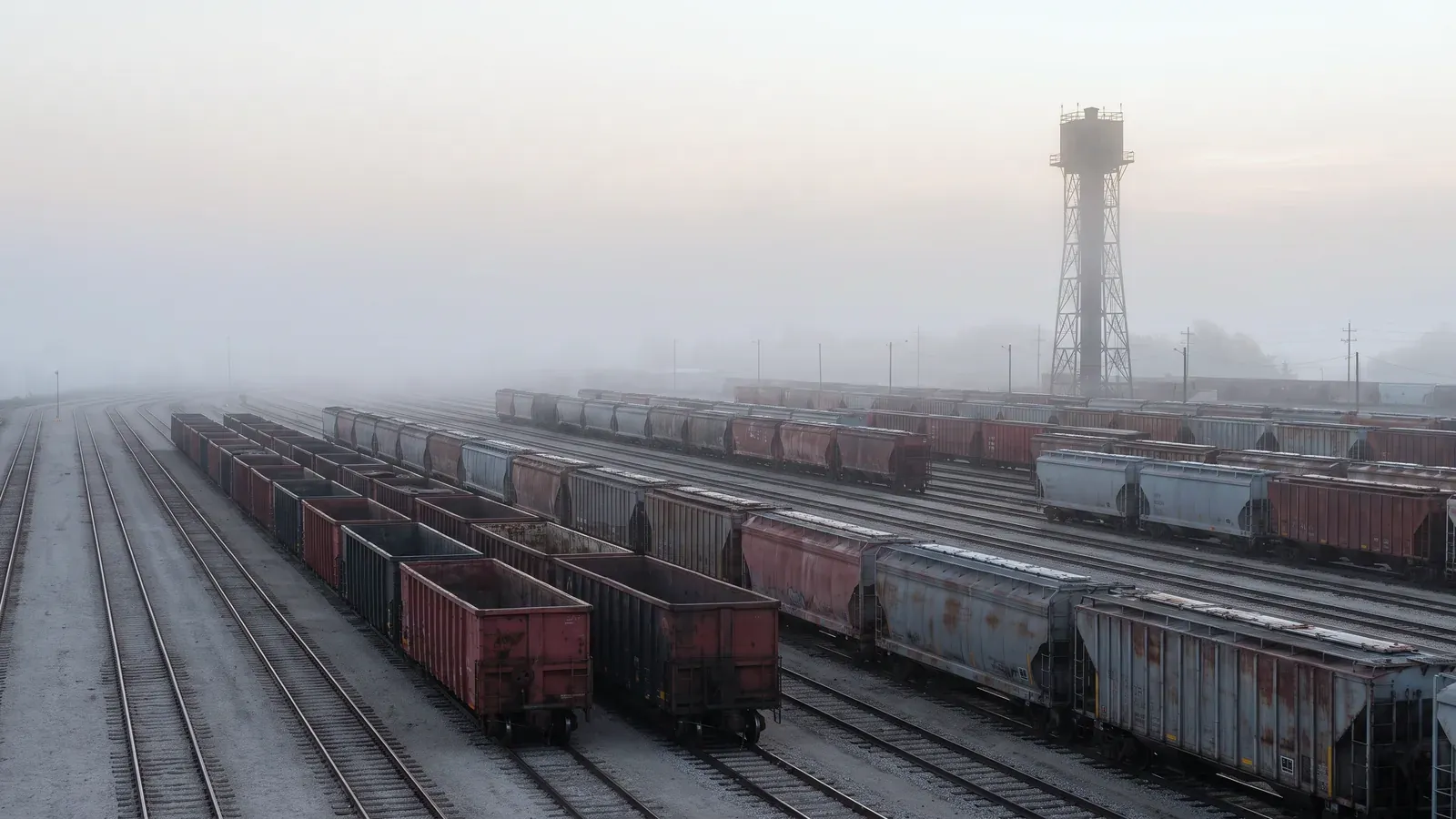 A freight rail yard at first light, where many FELA claims begin
