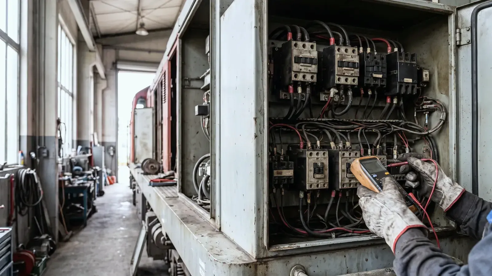 A railroad electrician testing a locomotive electrical cabinet