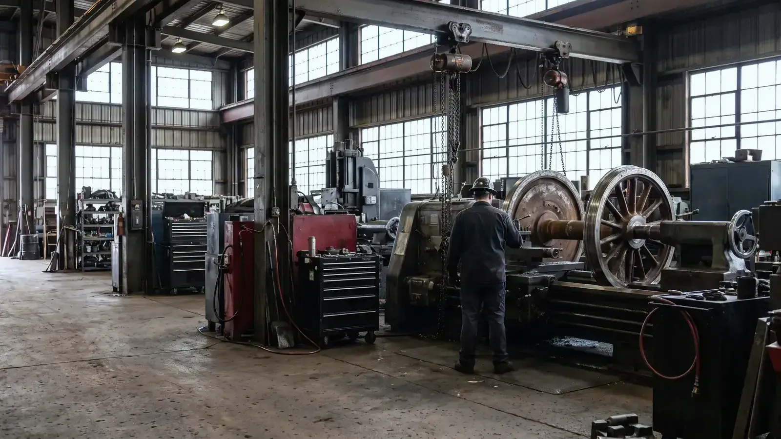 A railroad locomotive wheel shop where machinists work