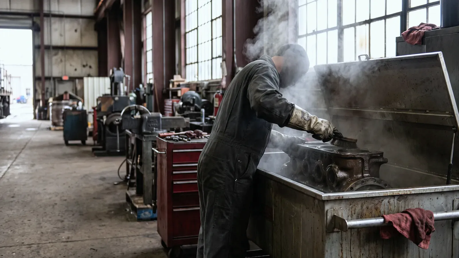 Degreasing a locomotive part in a solvent parts washer in a railroad shop
