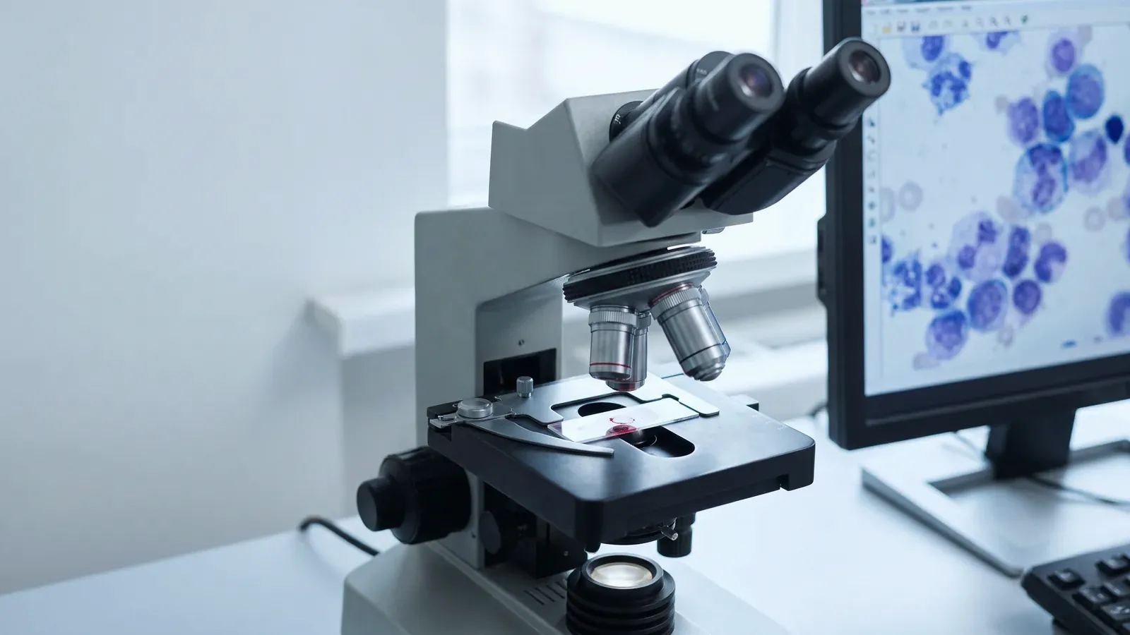 A bone marrow slide under a microscope, used to diagnose multiple myeloma