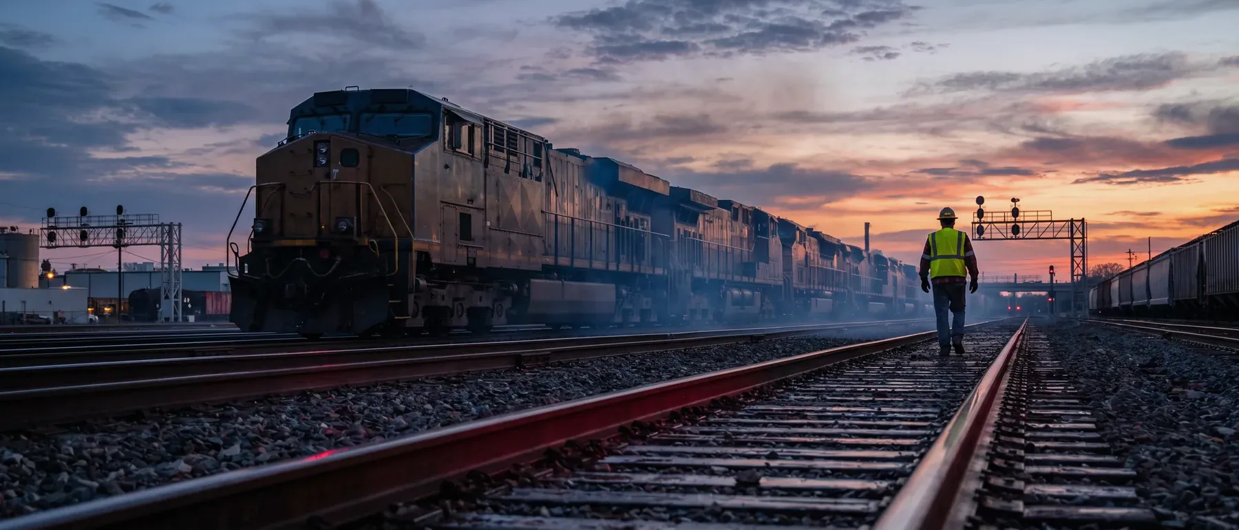 Diesel locomotives idling in a freight rail yard at dusk, the setting of many railroad cancer claims