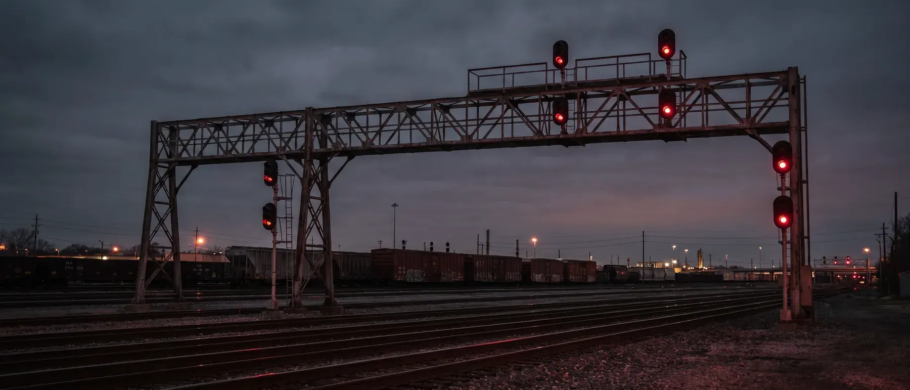 Railroad signals over the tracks of a rail yard at dusk