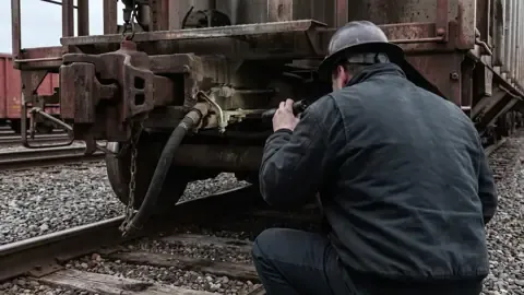 A railroad carman inspecting freight car brake rigging in a yard