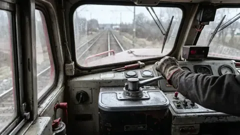 A locomotive engineer's hand on the throttle in a diesel cab