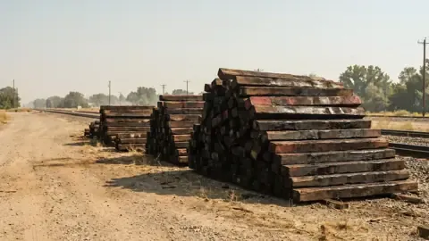 Stacked creosote-treated railroad ties beside the track
