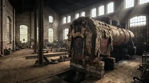 Locomotive boiler lagging in an old roundhouse shop, where railroad asbestos exposure happened